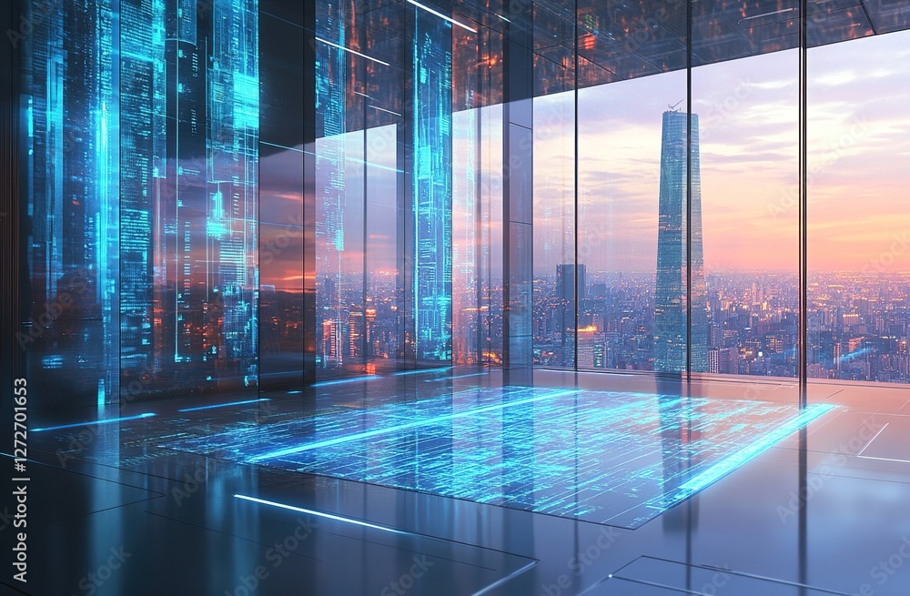 custom made wallpaper toronto digitalFuturistic Office Design: Interactive Floor and Walls Displaying Data Streams in a Modern Cityscape at Sunset