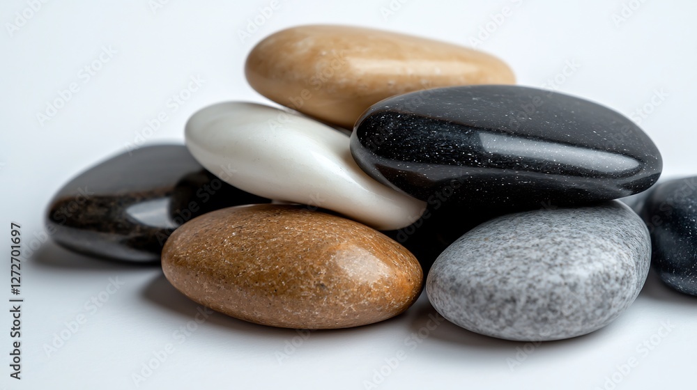 Pile of Smooth Rounded Pebbles in Shades of Gray Black and White on White Background Pile of Smooth Rounded Pebbles in Shades of Gray Black and White on White Background