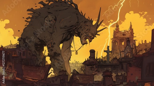 A huge, strange monster stands over the ruined city, colorful anime style photo