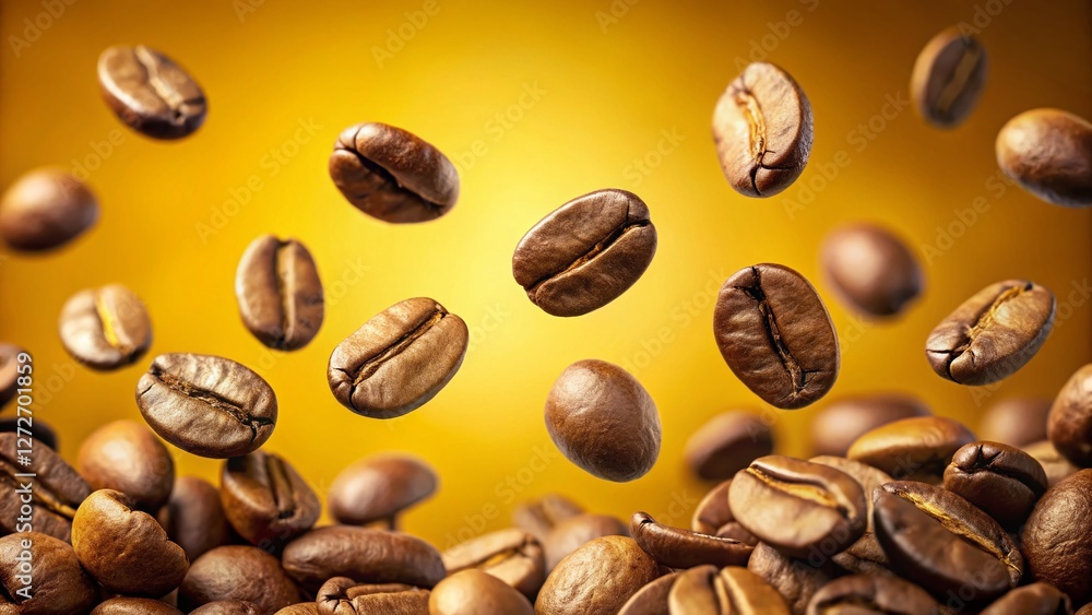 Vibrant Yellow Background with Floating Roasted Coffee Beans - Copy Space Vibrant Yellow Background with Floating Roasted Coffee Beans - Copy Space