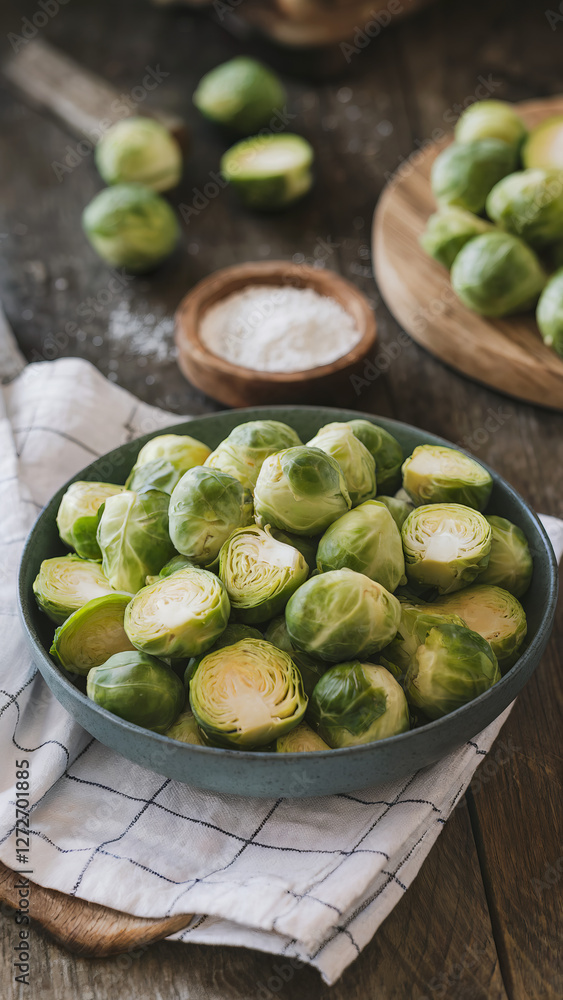 Fresh Green Brussels Sprouts in a Bowl on Rustic Wooden Table with Natural Light - Healthy Organic Vegetables for Cooking and Nutrition Fresh Green Brussels Sprouts in a Bowl on Rustic Wooden Table with Natural Light - Healthy Organic Vegetables for Cooking and Nutrition