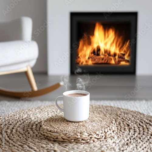 Cozy living room with steaming coffee cup on a woven mat near a fireplace