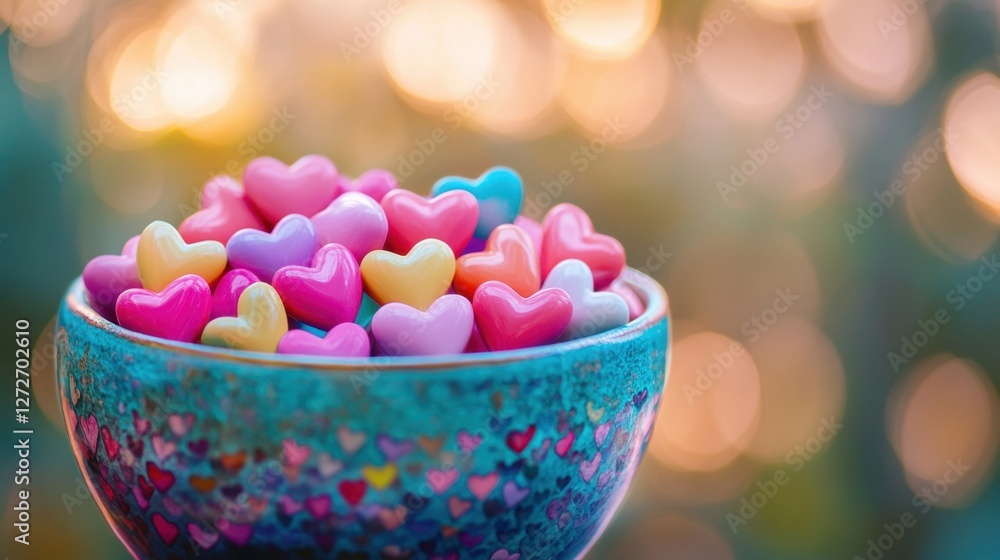A close-up of a vibrant bowl filled with multicolored hearts representing happiness and connection, placed on a dreamy blurred backdrop. A close-up of a vibrant bowl filled with multicolored hearts representing happiness and connection, placed on a dreamy blurred backdrop.