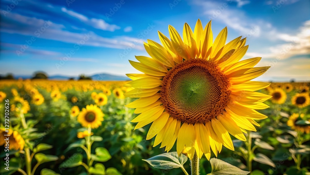 Vibrant Yellow Sunflower Blooming in Farm Field - Helianthus Annuus Vibrant Yellow Sunflower Blooming in Farm Field - Helianthus Annuus