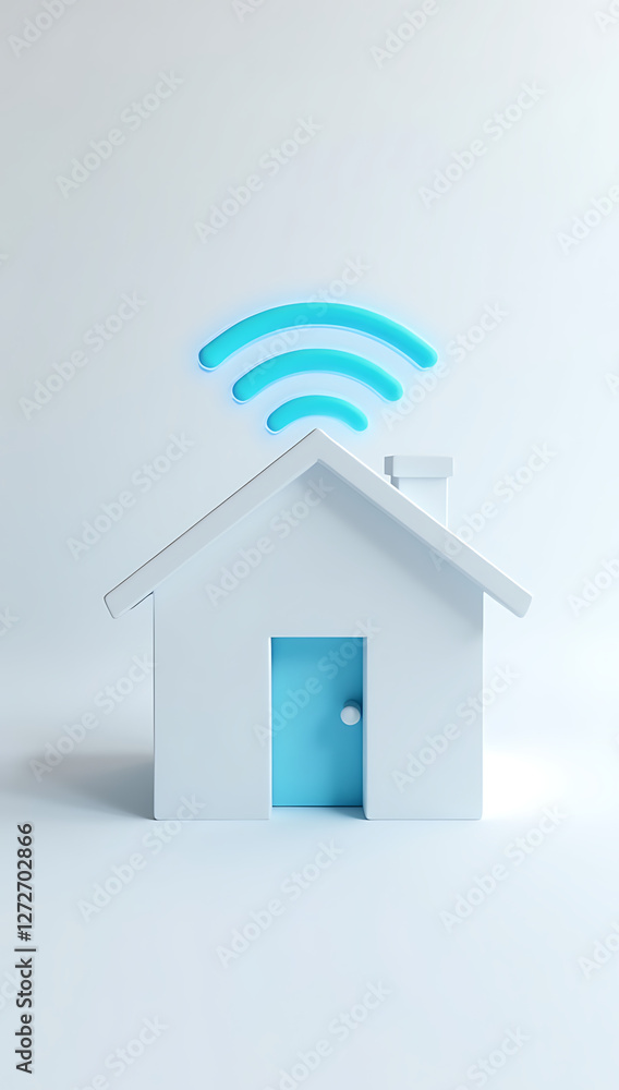 A simple 3D render of a house with a Wi-Fi symbol, symbolizing smart home automation and IoT connectivity, placed on a plain white background.