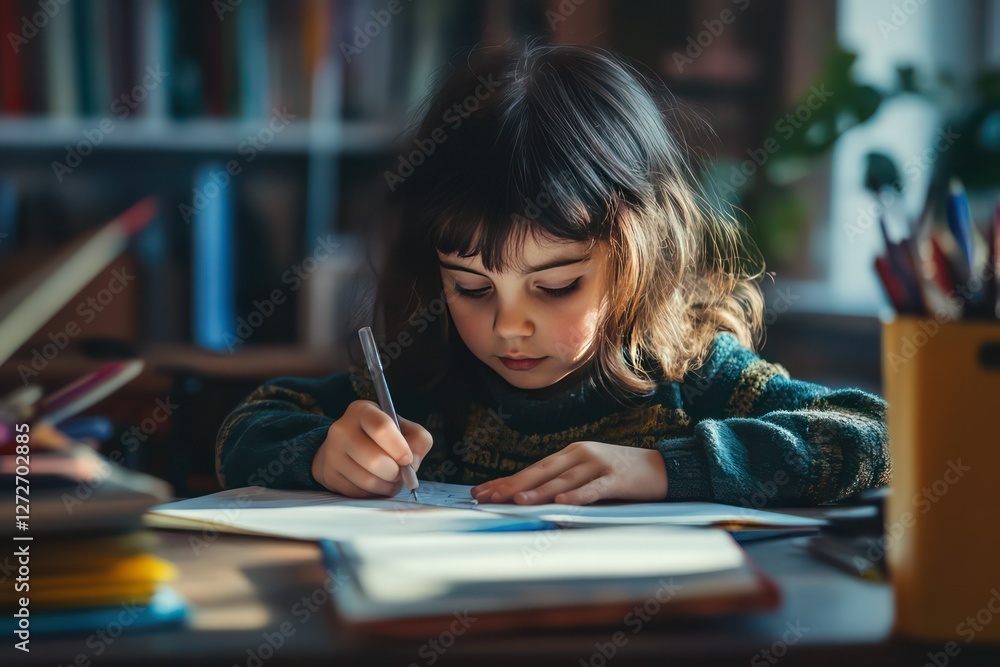A child focused on completing their school assignment, writing diligently at a well-lit desk, surrounded by homework materials and books. A child focused on completing their school assignment, writing diligently at a well-lit desk, surrounded by homework materials and books.