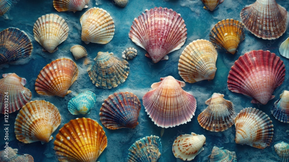 A close-up of vibrant seashells arranged on a striking blue background, showcasing their natural beauty and colors A close-up of vibrant seashells arranged on a striking blue background, showcasing their natural beauty and colors