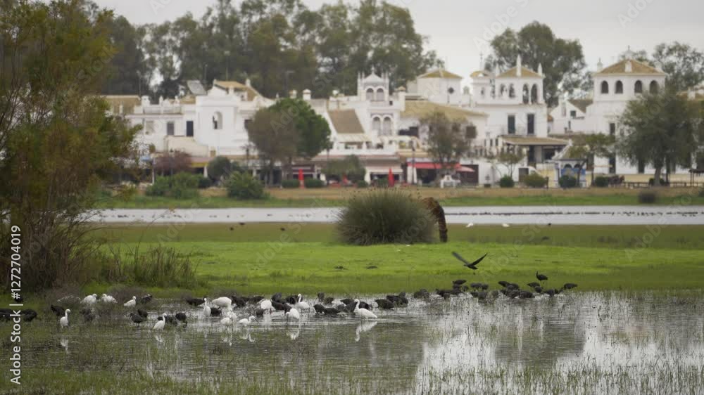 White buildings of El Rocio township in background and wildlife in foreground White buildings of El Rocio township in background and wildlife in foreground