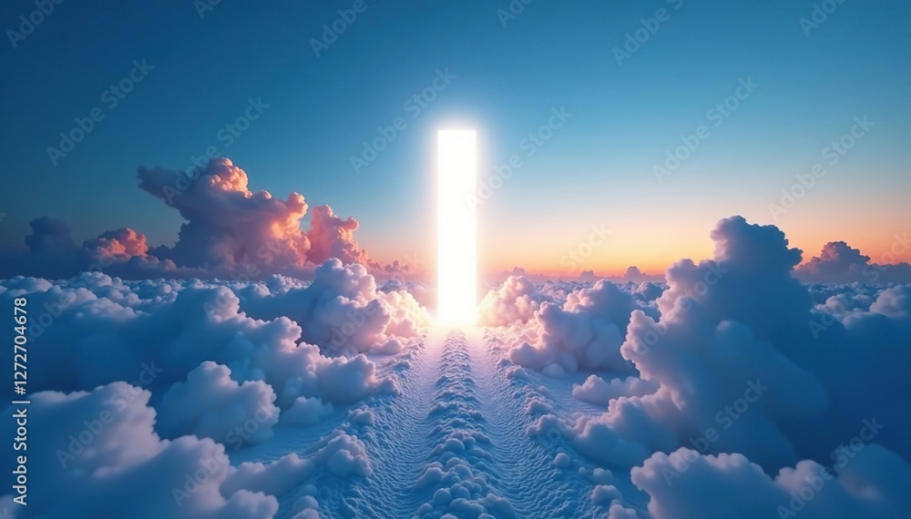 Obraz premium White beacon illuminates the vast open space of the blue sky at dawn, brightness, contrast