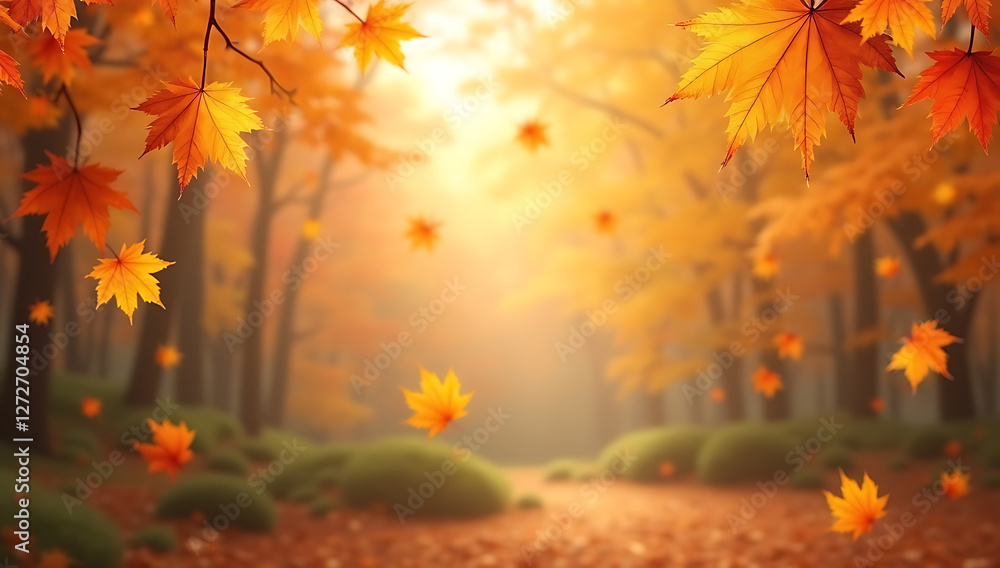 Falling Autumn Leaves – A Seasonal Background with Golden, Orange, and Red Leaves Floating in a Soft Breeze Against a Blurred Forest Falling Autumn Leaves – A Seasonal Background with Golden, Orange, and Red Leaves Floating in a Soft Breeze Against a Blurred Forest