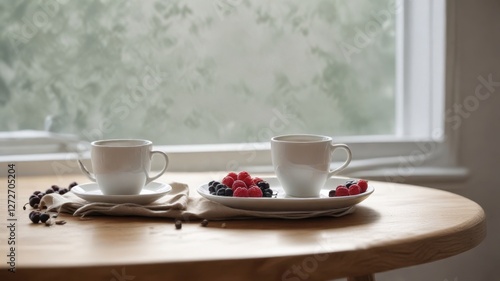 Wallpaper Mural Peaceful morning Two cups of tea and a plate of fresh berries sit on a wooden table, bathed in soft natural light filtering through a window. Torontodigital.ca