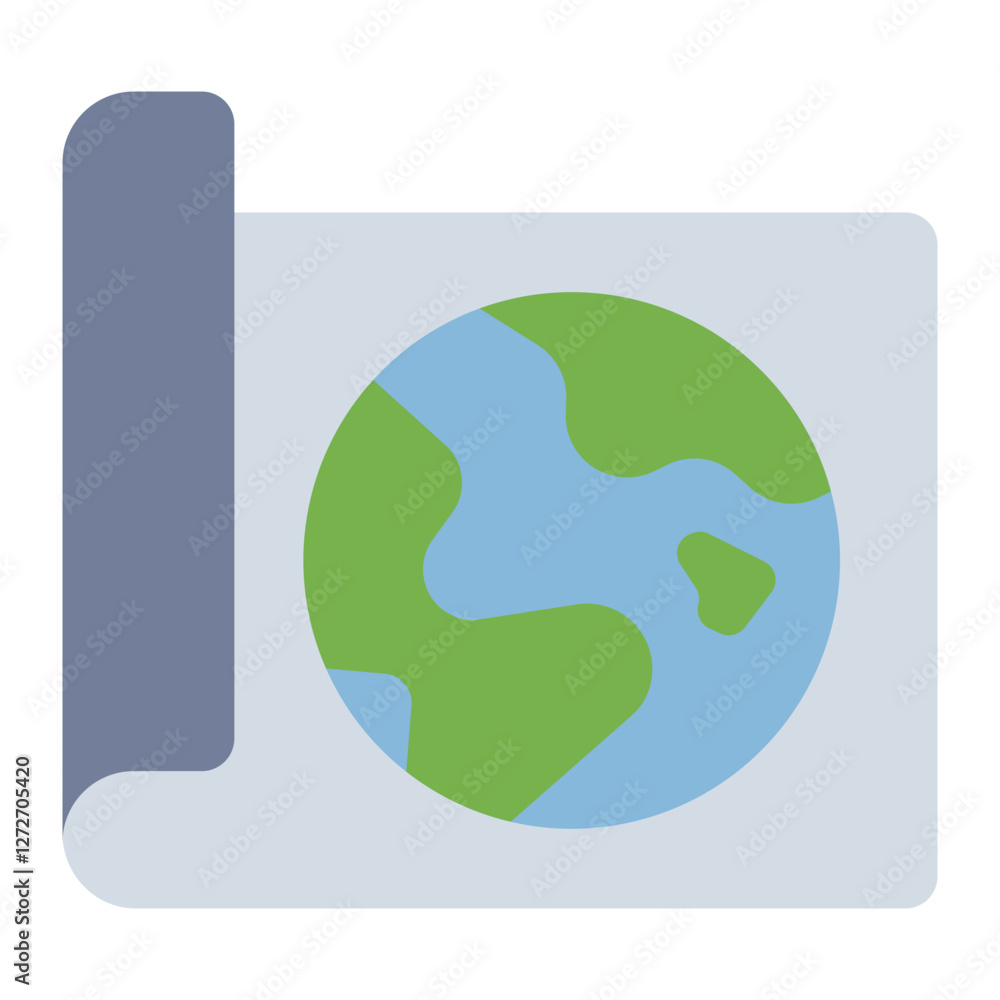 World map on scroll flat icon representing geography, globe, and global studies