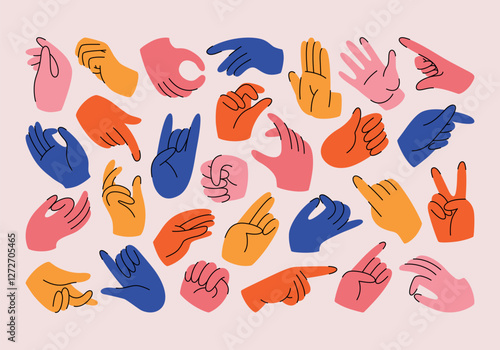 Wallpaper Mural Set of colorful hands with different gestures and signs. Hand-drawn vector illustrations, hands showing love and friendship, different positions of hands and fingers. Collection of hands in doodle. Torontodigital.ca