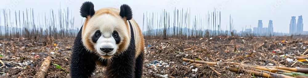 Fototapeta premium Panda in Urban Landscape Surrounded by Debris and Pollution Issues