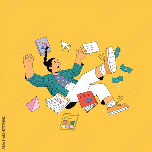 Colorful illustration of a person falling with scattered objects, including books, money, documents, a calendar, and speech bubbles. The dynamic scene symbolizes financial struggles, academic pressure