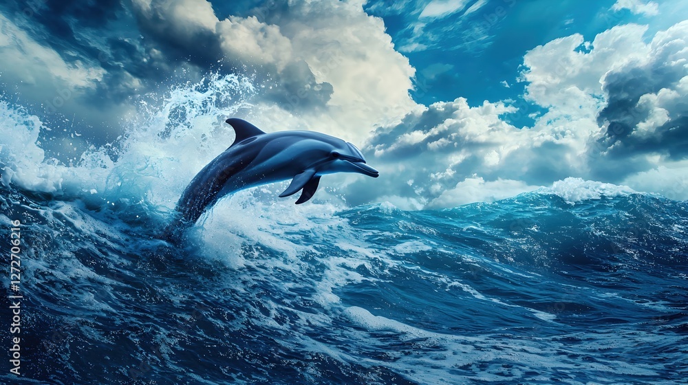 Fototapeta premium Dolphin Leaping Above Turbulent Ocean Waves Under Dramatic Sky
