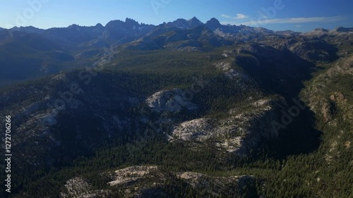 Minarets Vista Banner Peak Mammoth Mountain Lakes PCT Trail aerial drone California daytime morning afternoon blue sky could nature landscape Pacific Crest Trail Yosemite Volcanic Ridge forward motion photo