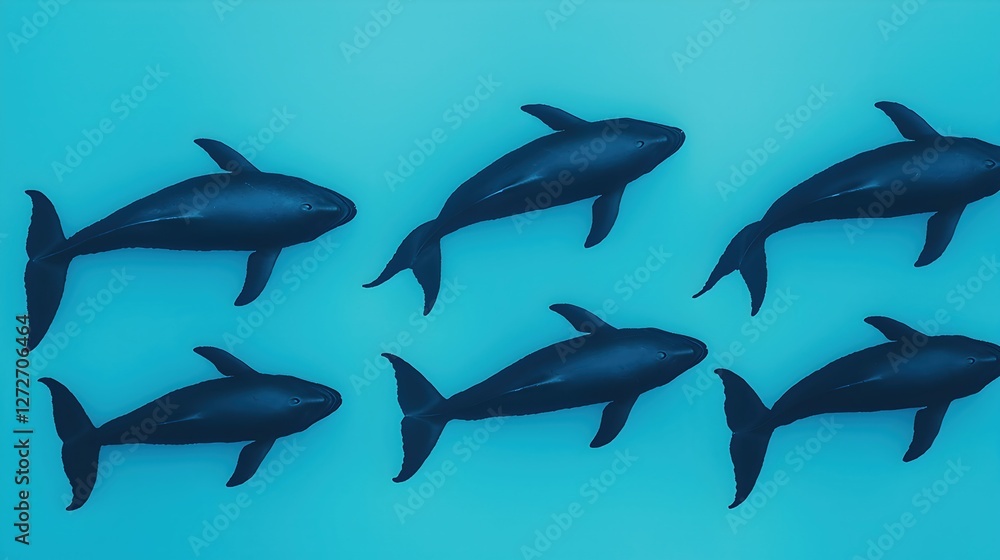Naklejka premium School of Dolphins Swimming Gracefully Over a Teal Ocean Surface
