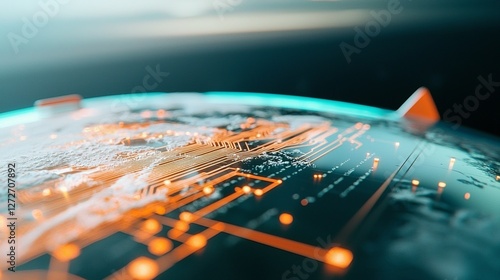 Abstract close up of a futuristic globe with illuminated circuit board texture, showcasing orange and teal glowing lines against a dark background