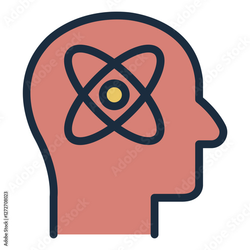 Mind with atomic symbol filled line icon representing social science, culture, and societal research