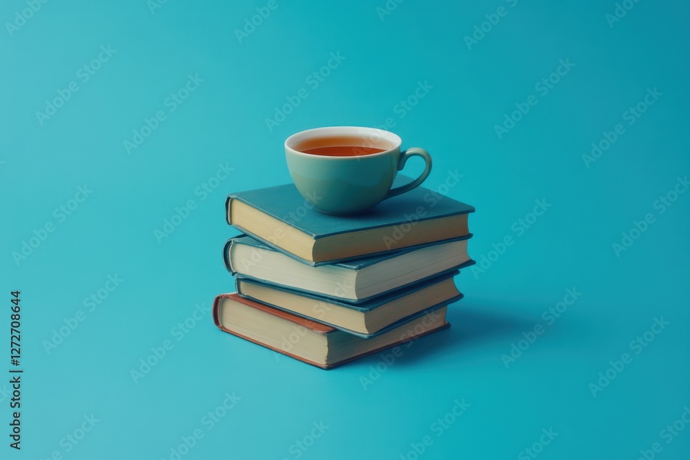 Fototapeta premium A cup of tea sits atop a stack of books