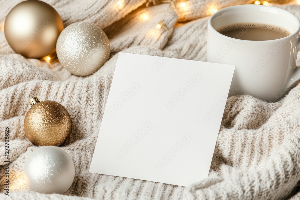 Cozy winter scene featuring a blank card, festive ornaments, and a warm drink Cozy winter scene featuring a blank card, festive ornaments, and a warm drink