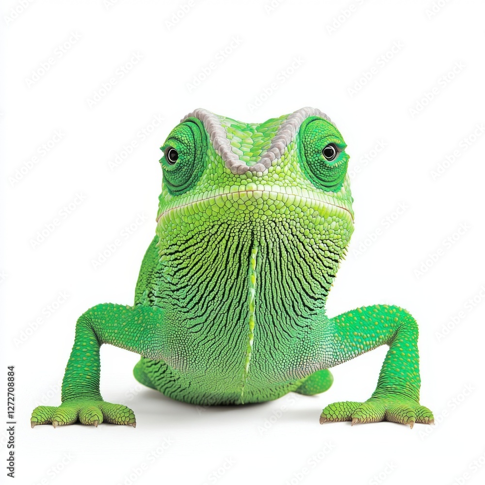 Obraz premium Bright green chameleon on white background, viewed from the front, showcasing its textured skin and expressive eyes. The reptile's posture is alert