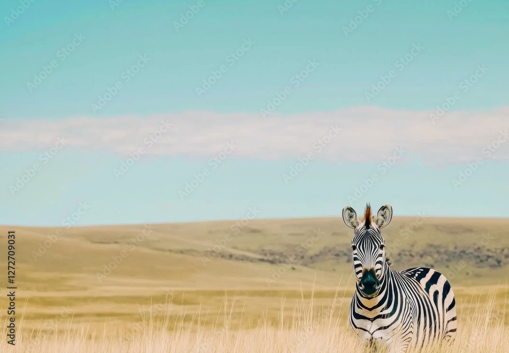 Obraz premium A single zebra rests in a field of tall, dry grass under a clear, pale blue sky. Rolling hills stretch across the background of this sunny landscape