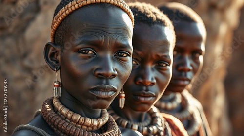 Three Young Women from the Himba Tribe in Traditional Attire photo