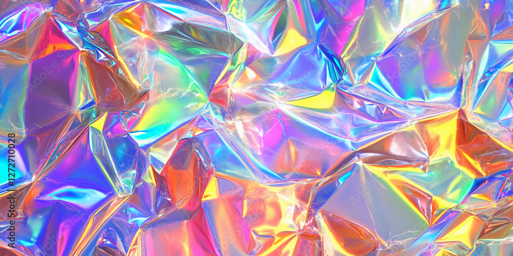 Holographic foil texture abstract iridescent background with crinkled and shiny surface in rainbow colors Holographic foil texture abstract iridescent background with crinkled and shiny surface in rainbow colors