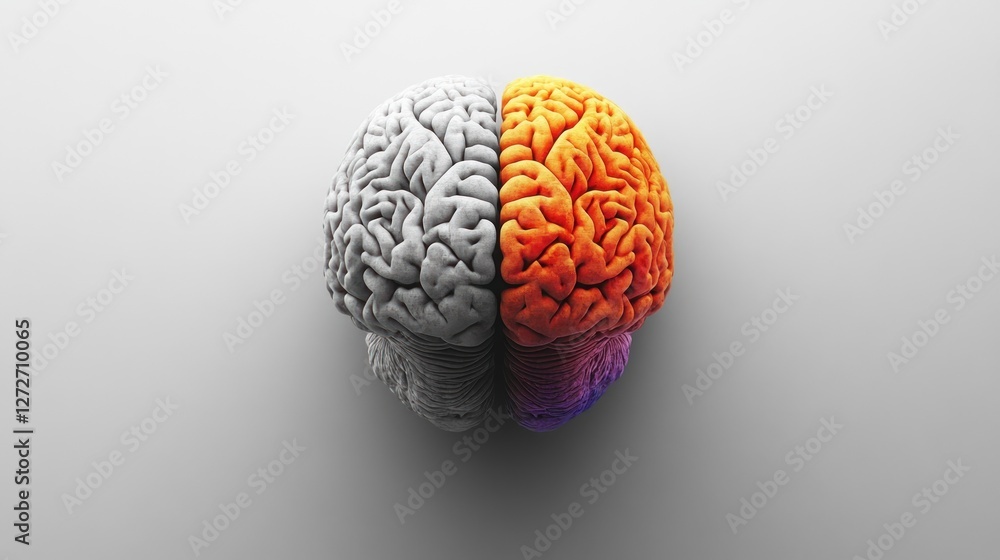 A stylized brain split into gray and orange halves. A stylized brain split into gray and orange halves.