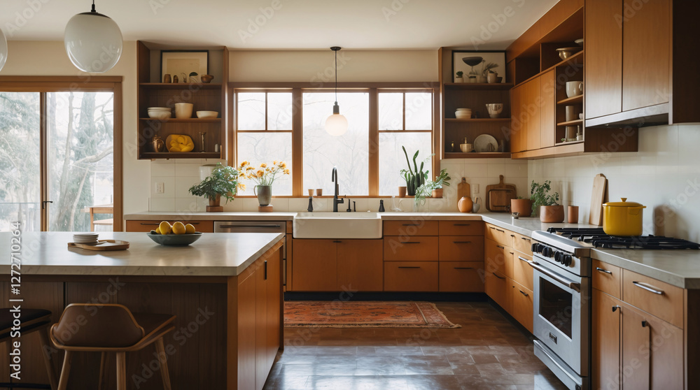 Charming retro kitchen with wooden cabinetry sink and a well arranged collection of cooking utensils Modern Interior design inspiration Charming retro kitchen with wooden cabinetry sink and a well arranged collection of cooking utensils Modern Interior design inspiration