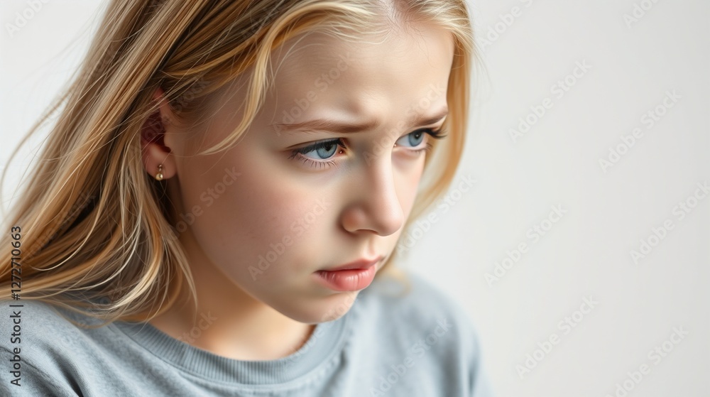 Close-up Portrait of a Thoughtful Young Girl with Long Blonde Hair and Blue Eyes Close-up Portrait of a Thoughtful Young Girl with Long Blonde Hair and Blue Eyes