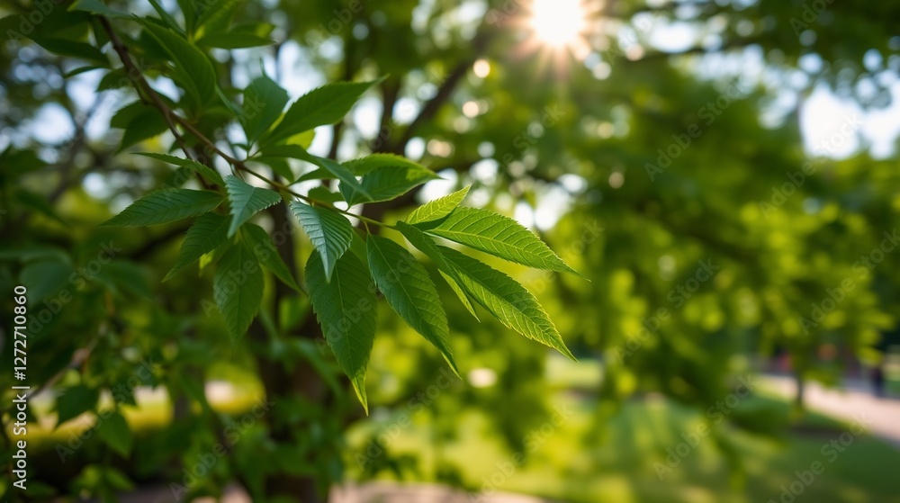 Sunlit Green Leaves of a Tree with a Soft Focus Background