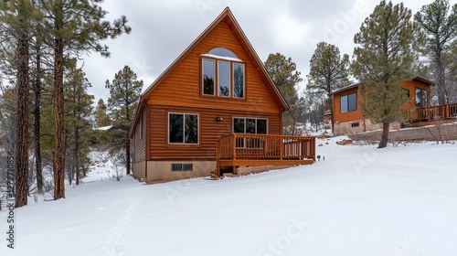Cozy wooden cabin surrounded by snowy landscape and pine trees in winter