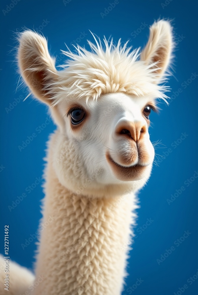 Obraz premium Close-Up Portrait of a Fluffy White Alpaca Against a Vibrant Blue Background