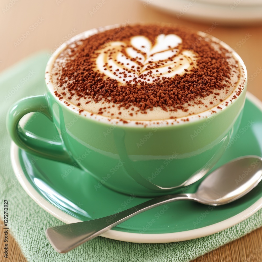 Creamy cappuccino with cocoa powder art in a green cup on a wooden table Creamy cappuccino with cocoa powder art in a green cup on a wooden table