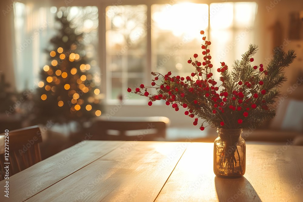 Fototapeta premium A wooden table featuring a vase of red berries and greenery, with blurred background of a Christmas-decorated living room and sunlight shining through windows.