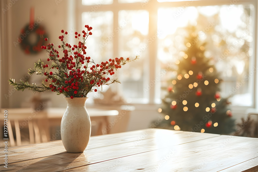 Fototapeta premium A beautiful wooden table with a flower vase featuring red berries and greenery, set against the backdrop of a cozy home interior. Sunlight streams through the windows, adding to the warm atmosphere.
