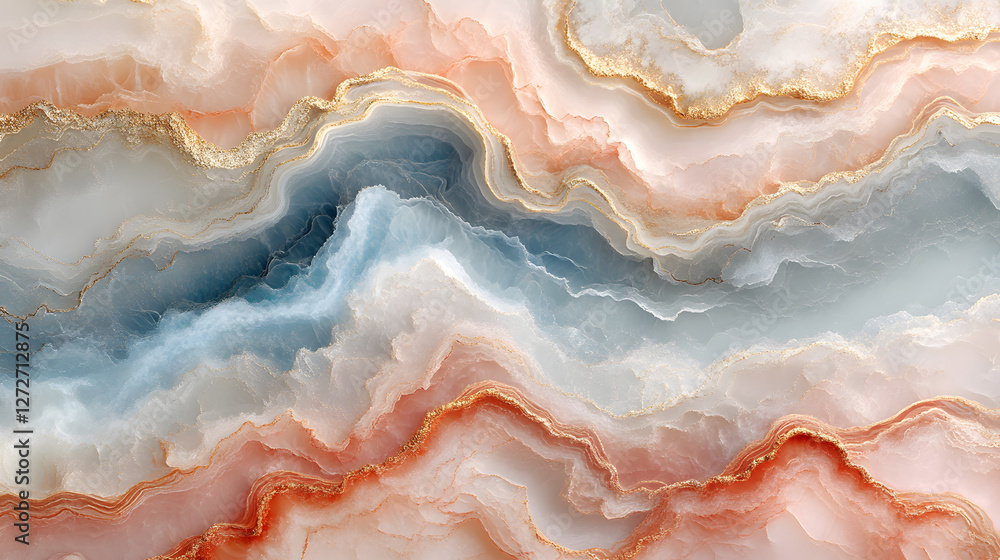 Soft blue, pink, and gold waves blend in a textured, flowing design of natural elegance Soft blue, pink, and gold waves blend in a textured, flowing design of natural elegance