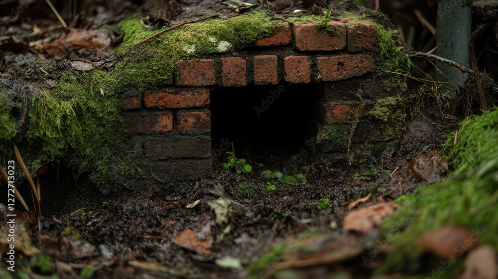 Tiny Brick Structure Surrounded by Greenery in a Forest Setting Tiny Brick Structure Surrounded by Greenery in a Forest Setting