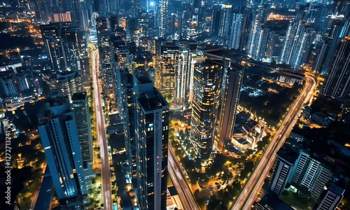 Wallpaper Mural Aerial view of a vibrant city skyline at night, showcasing illuminated skyscrapers and busy streets Torontodigital.ca