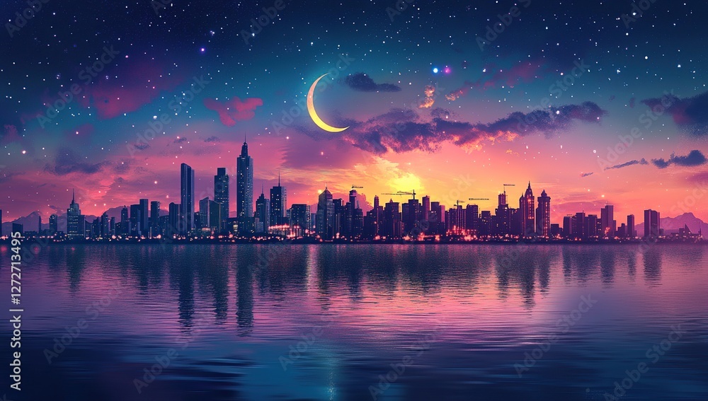 Cityscape at Dusk: Serene Skyline Reflecting on Calm Waters Under a Crescent Moon and Starry Night Cityscape at Dusk: Serene Skyline Reflecting on Calm Waters Under a Crescent Moon and Starry Night