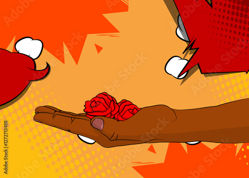 Cartoon, comic book human hands holding Red Rose. Retro vector comics pop art design.