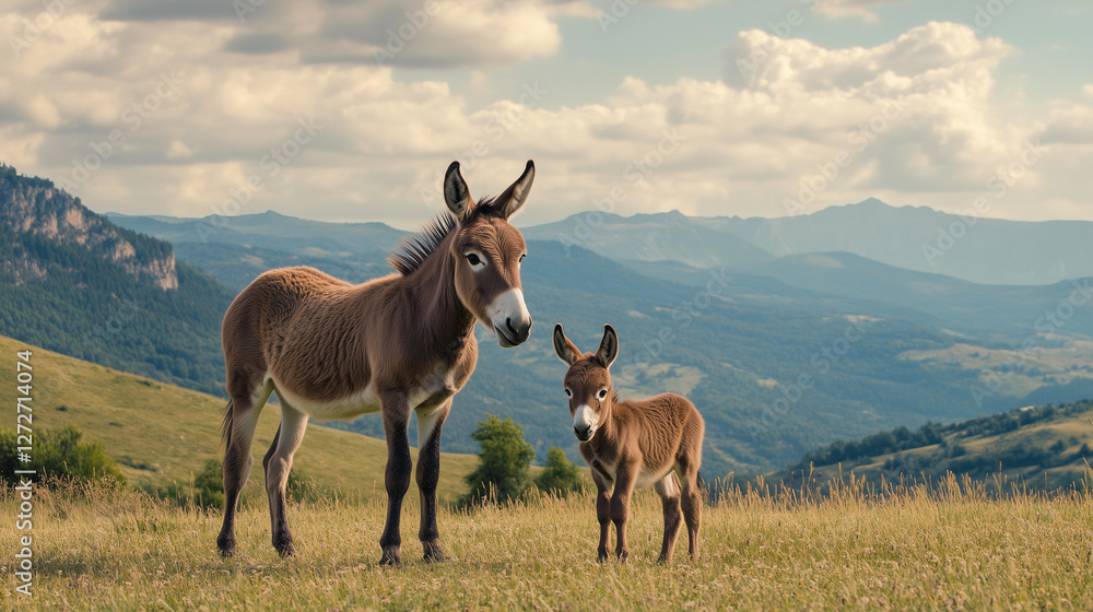Donkey Week, a donkey calf standing near its mother in the middle of a hilly meadow, with distant mountains and soft white clouds in the background, Ai generated images Donkey Week, a donkey calf standing near its mother in the middle of a hilly meadow, with distant mountains and soft white clouds in the background, Ai generated images