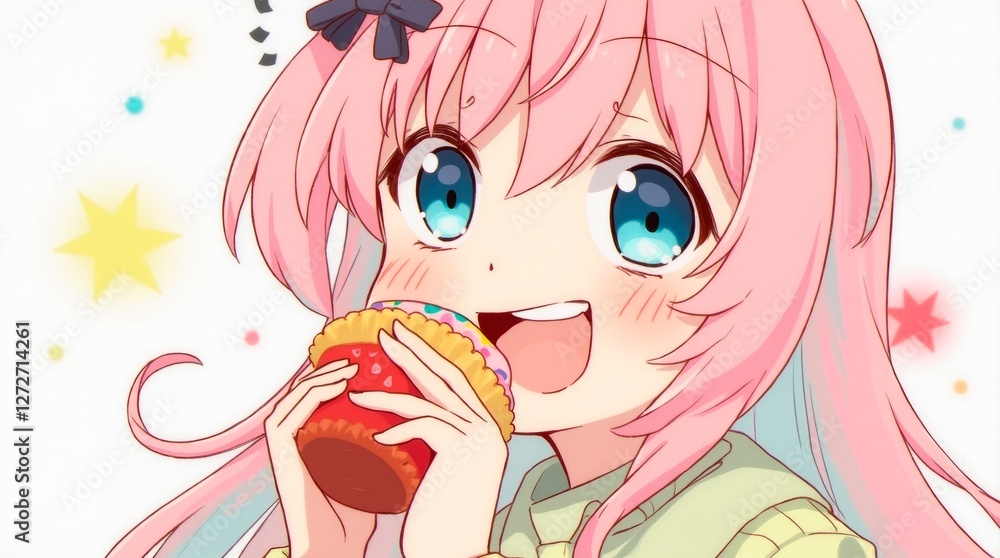 An anime-style illustration of a cute character enjoying a colorful cupcake, radiating joy and excitement for a sweet treat. An anime-style illustration of a cute character enjoying a colorful cupcake, radiating joy and excitement for a sweet treat.