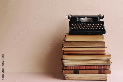 Vintage typewriter resting on a stack of aged books photo