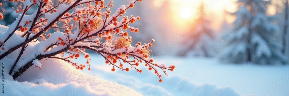 Soft orange branches entwined with snowy landscape, snowdrifted, wintersonly Soft orange branches entwined with snowy landscape, snowdrifted, wintersonly
