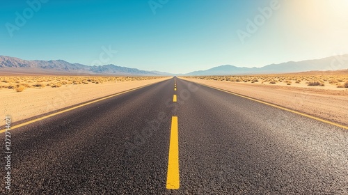 Fototapeta Naklejka Na Ścianę i Meble -  A long, straight road stretches through a vast desert landscape under a clear blue sky, highlighting the sense of openness and adventure.