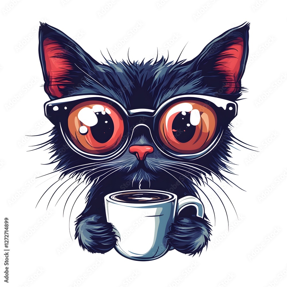 a black cat wearing glasses while enjoying a warm cup of coffee a black cat wearing glasses while enjoying a warm cup of coffee